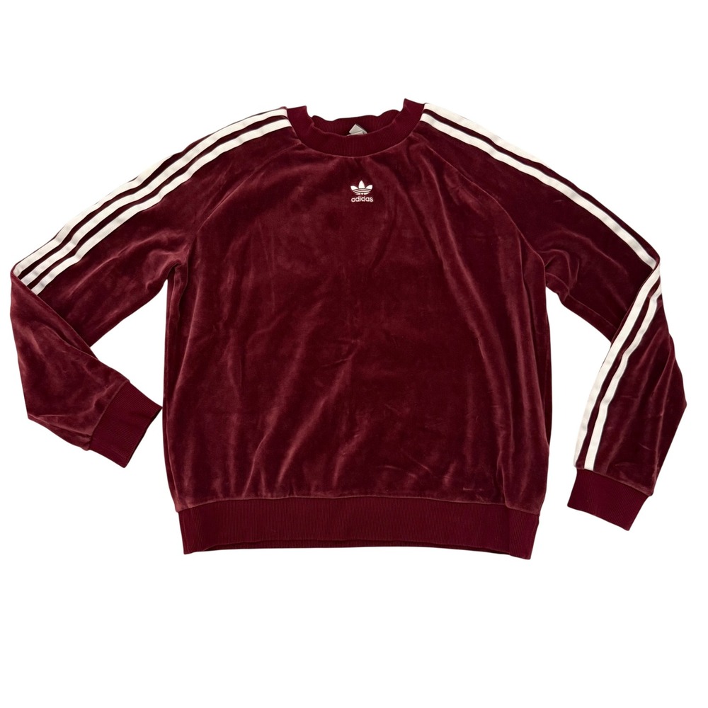Adidas Womens Velour Crewneck Sweater XS Burgundy 3-Stripe Loungewear Comfort